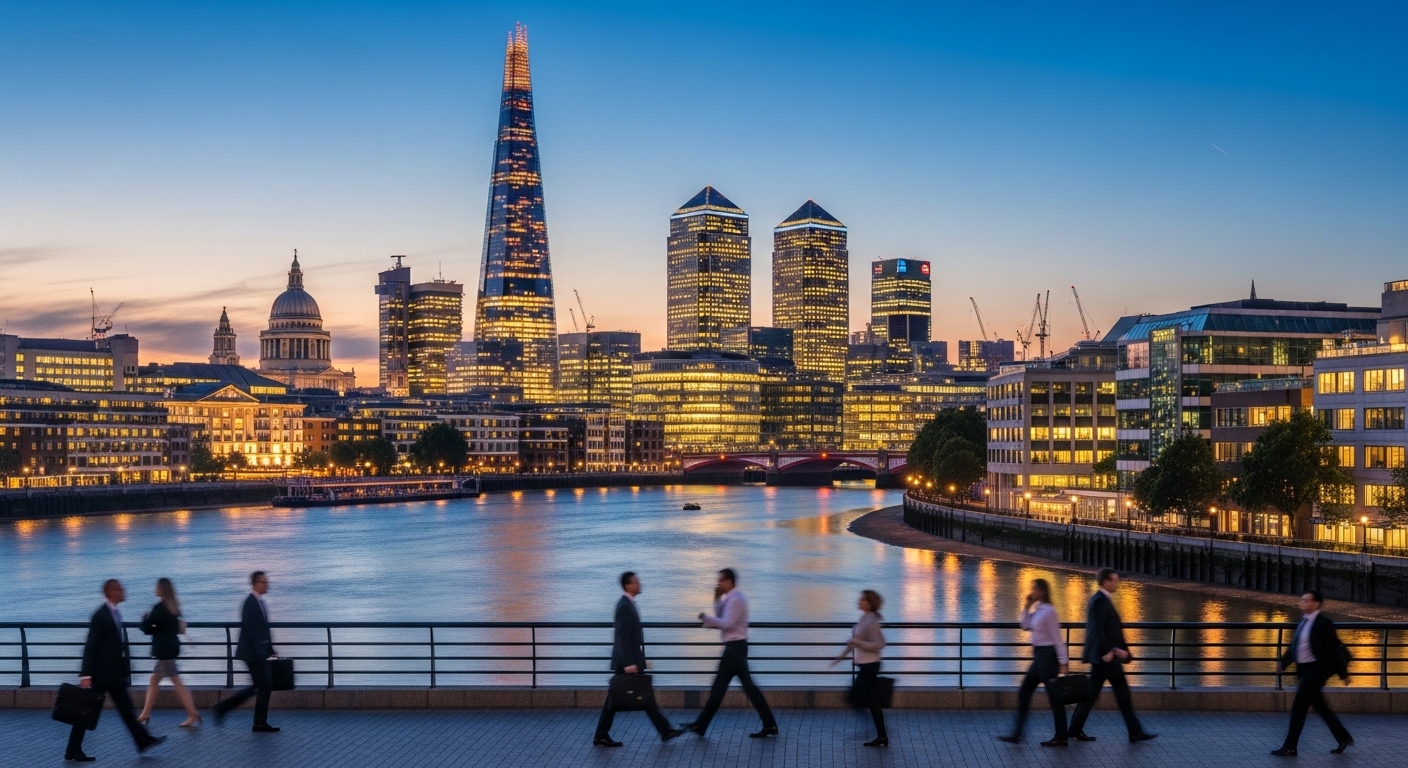 A wide, photorealistic panoramic shot of the London city skyline at dusk, with iconic buildings like The Shard and Canary Wharf illuminated, symbolizing a vibrant global business hub. The foreground includes blurred figures of diverse professionals walking purposefully.