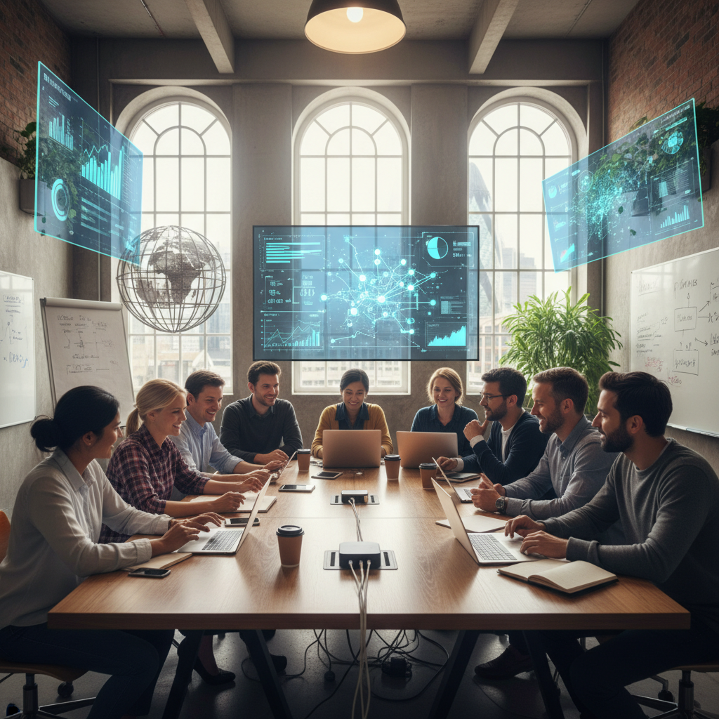A diverse group of expat professionals collaborating in a modern co-working space in London, with digital screens showing business analytics and a map of the UK. The scene should convey innovation and global connectivity, with a focus on technology and entrepreneurship. Photorealistic with soft, natural lighting.