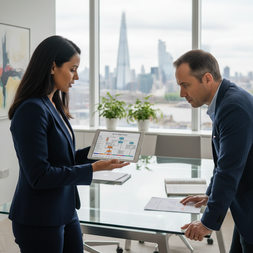A professional expat business consultant, diverse ethnicity, in a modern London office, explaining complex UK tax regulations on a tablet to a focused expat client. The office has large windows showing the London skyline. Photorealistic, detailed.