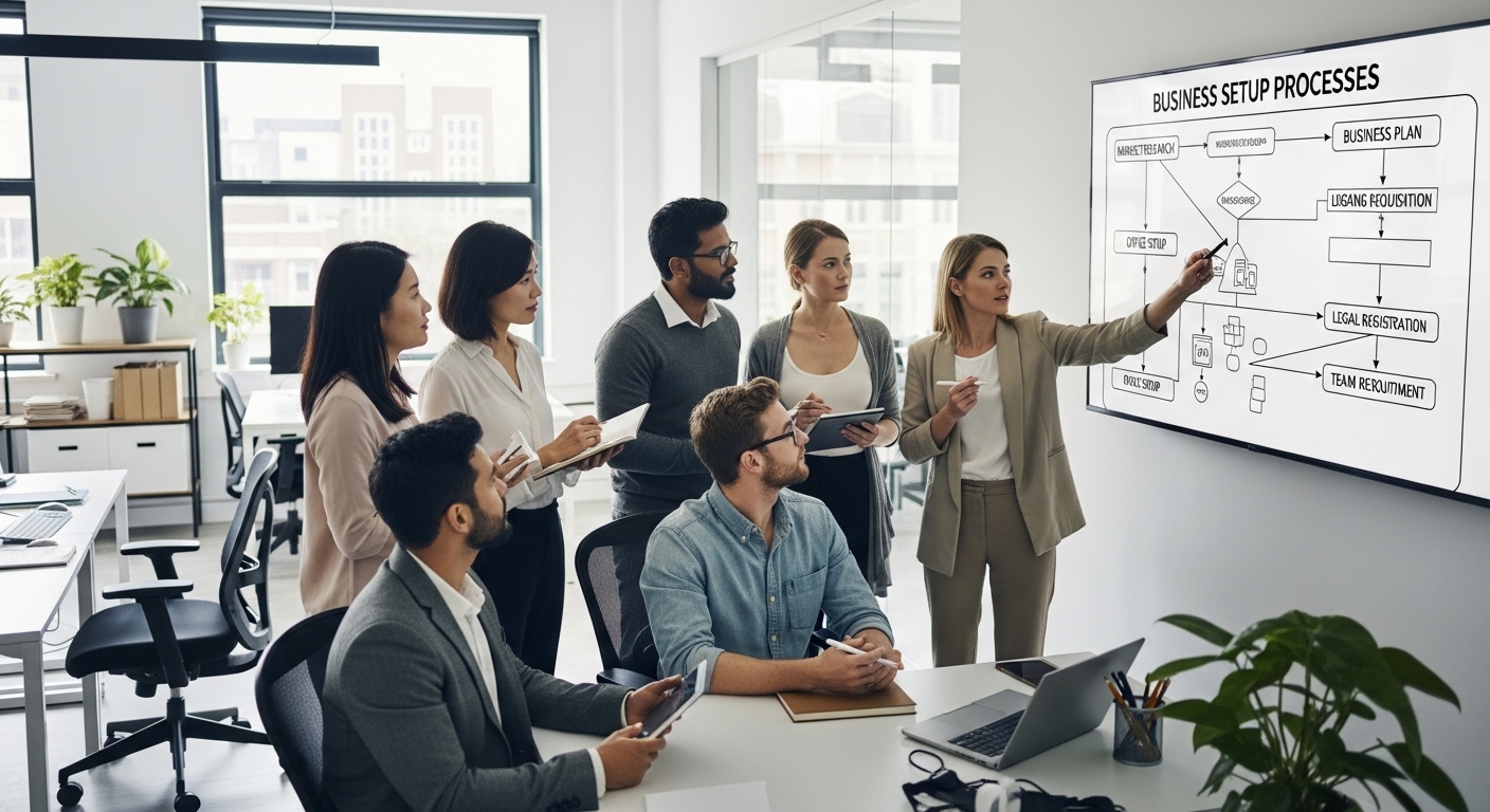 A diverse group of professionals in a modern office collaborating, with a diagram on a screen showing business setup processes and flowcharts, looking focused and efficient.