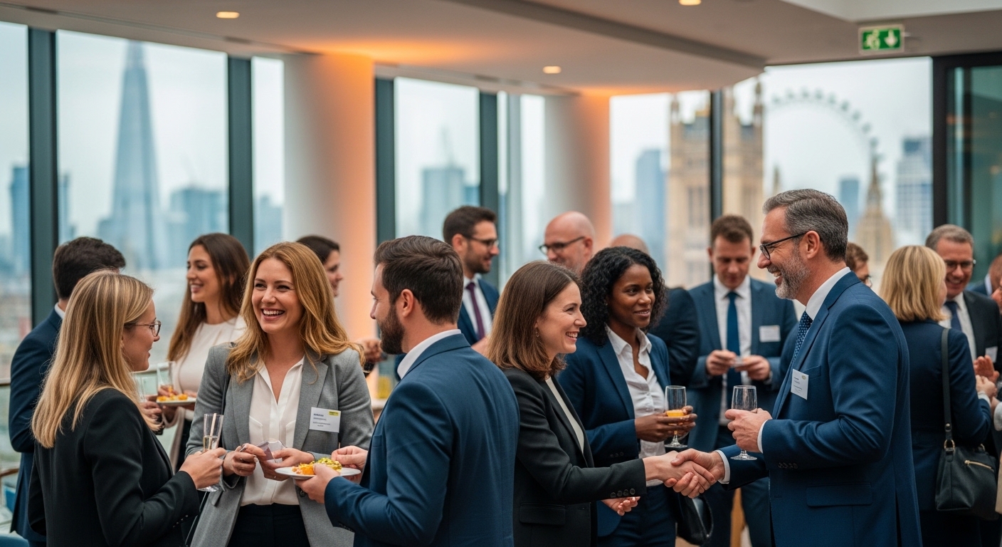 A diverse group of expat entrepreneurs confidently networking at a modern, bustling business event in London, with iconic UK landmarks subtly visible in the background. The atmosphere is professional and collaborative, with people exchanging business cards and ideas.