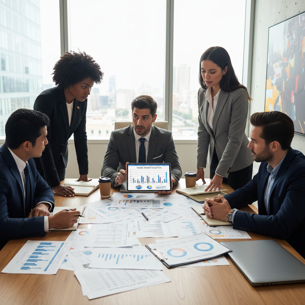 A diverse group of business professionals, including a returning UK expat, reviewing financial documents and a tablet displaying market analytics in a modern, sunlit office. Focus on detailed papers and serious discussion.