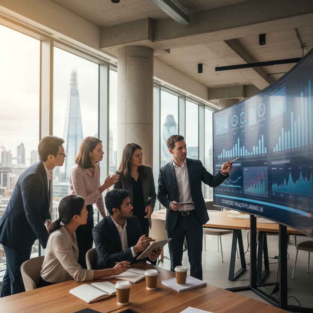 A diverse group of professional expat entrepreneurs in a modern, well-lit London office, looking at financial charts on a large screen, engaged in a discussion with a financial advisor, representing strategic wealth planning in the UK, photorealistic.