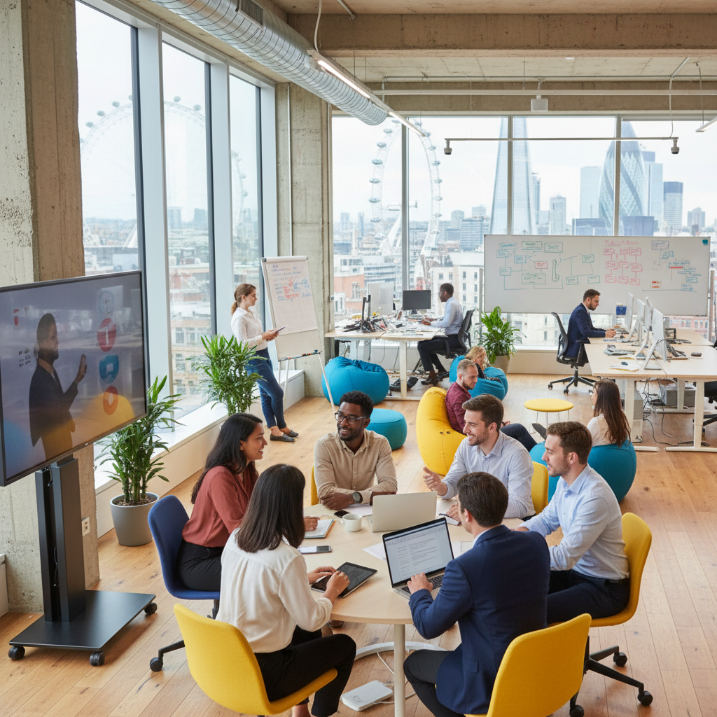 A diverse group of expat professionals collaborating in a modern, sunlit office space in London, showcasing a dynamic and innovative business environment. The scene should be photorealistic with a focus on collaboration and positive energy.