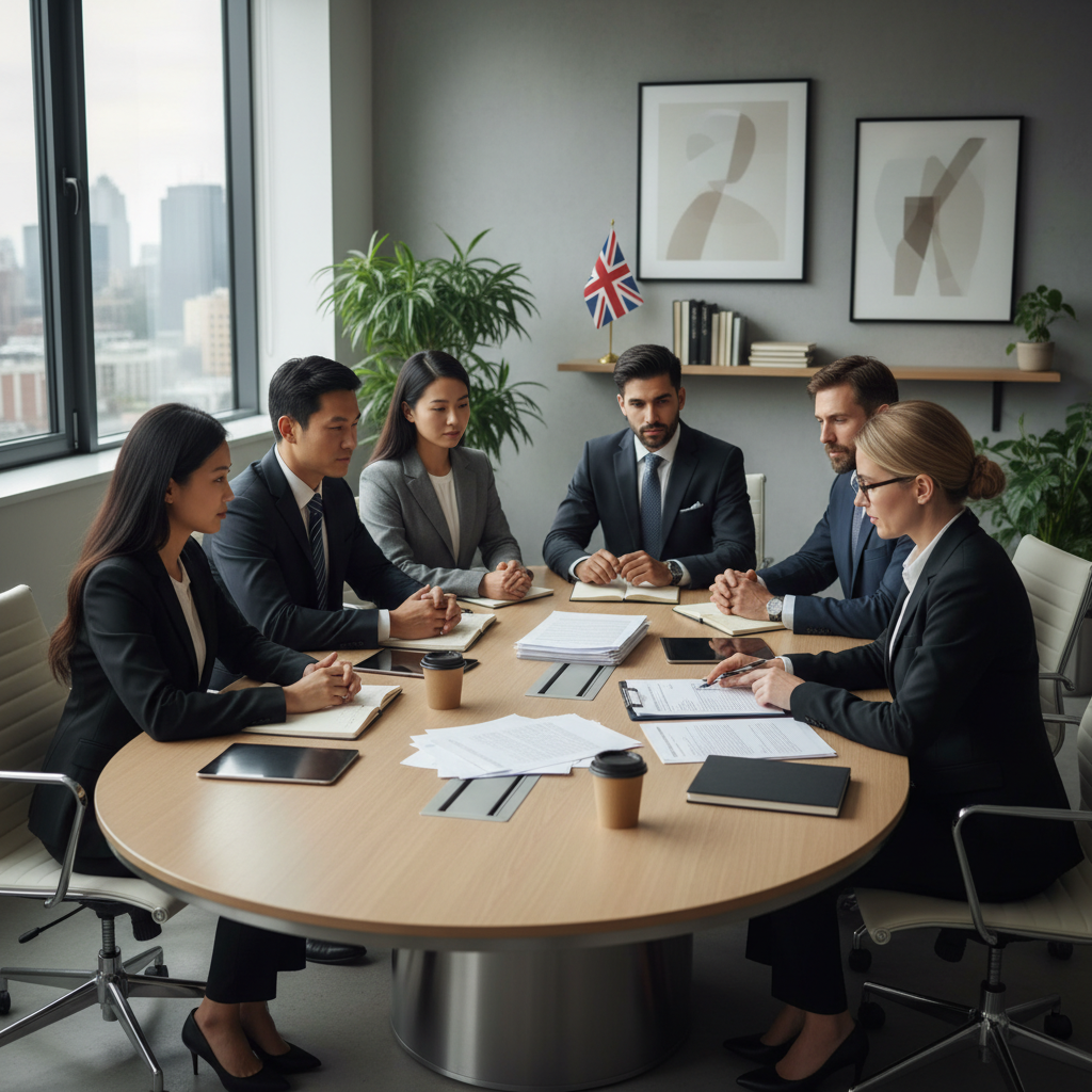 A diverse group of expat business owners, looking confident and professional, sitting around a modern conference table with a legal advisor, reviewing documents. The office is bright and contemporary, with a subtle UK flag element in the background. Photorealistic style, professional atmosphere.