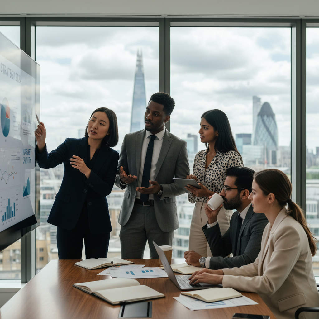 A diverse group of professional expats in a modern, brightly lit UK office setting, collaborating on a business plan displayed on a large digital screen. They are dressed in smart business attire, looking engaged and professional, with a blurred backdrop of the London skyline visible through a window. Photorealistic, dynamic composition.