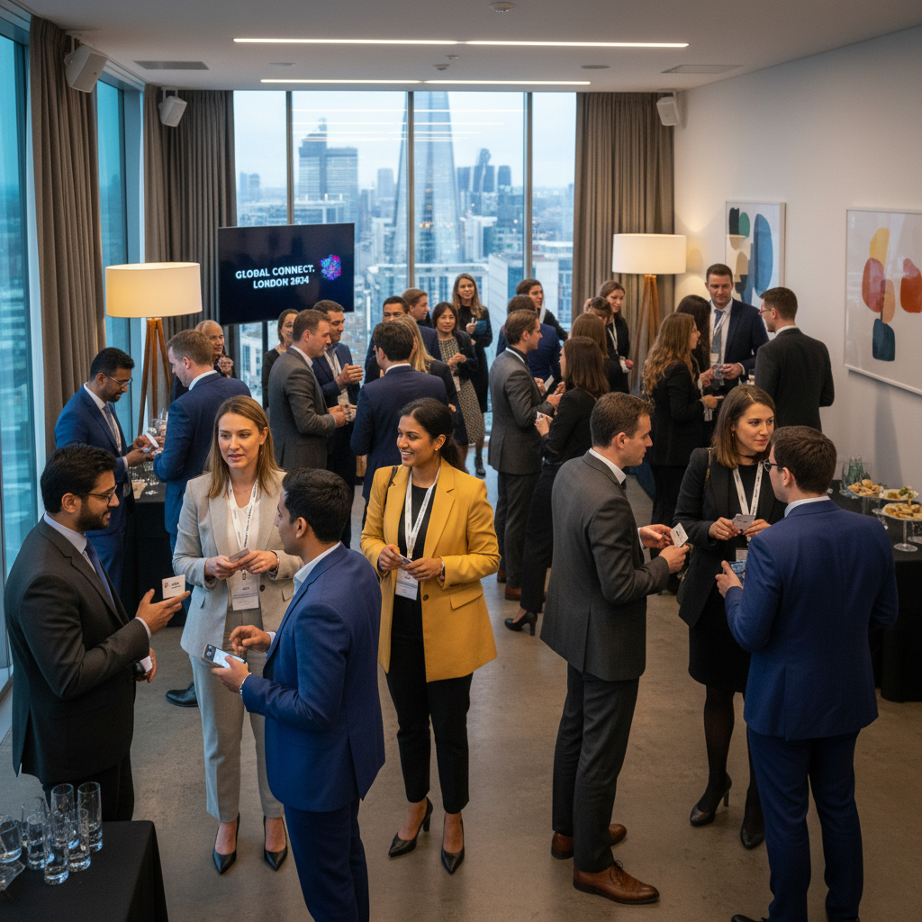 A diverse group of business professionals networking at a modern event in London, with diverse expat entrepreneurs engaging in conversations and exchanging business cards, bright and professional lighting.