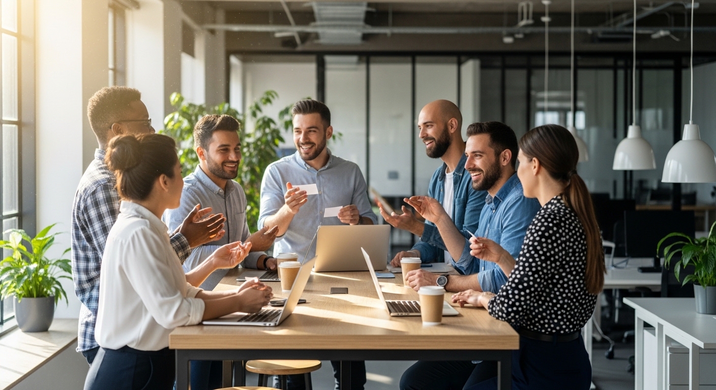 A diverse group of expat entrepreneurs from various backgrounds, casually dressed, engaged in an animated discussion and networking at a modern co-working space in the UK. They are sharing ideas and exchanging business cards, with a sense of collaboration and opportunity.