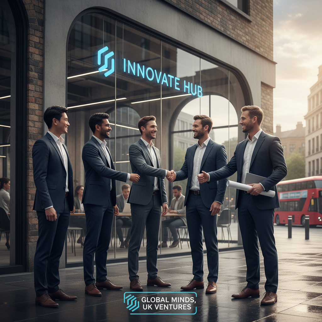 A diverse group of successful expat entrepreneurs, smiling and shaking hands with their business consultant in front of a modern co-working space in the UK. The scene is vibrant and suggests collaboration and success. Photorealistic, detailed.