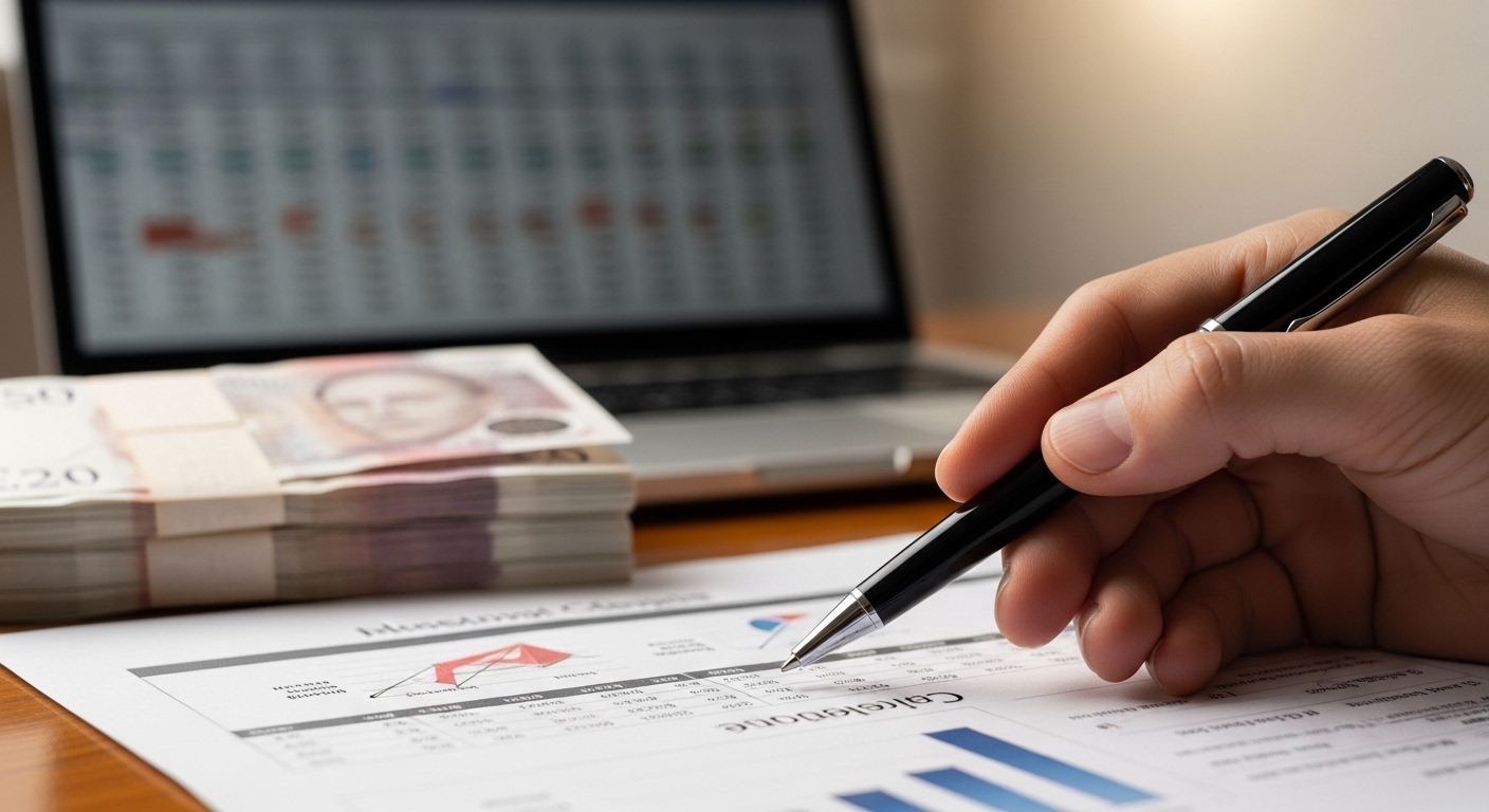 A close-up of a hand holding a pen, pointing at a business document with UK pound notes and a laptop in the background, symbolizing financial planning and official paperwork.