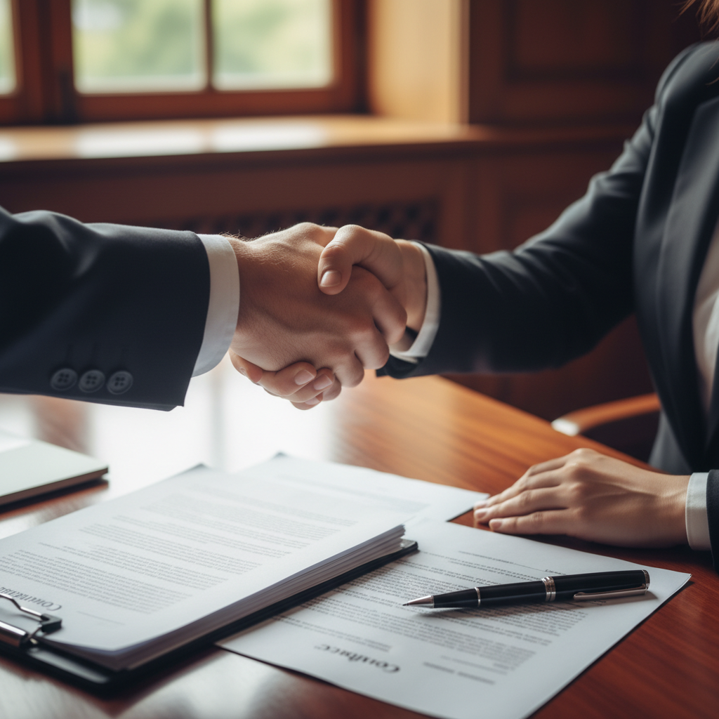 A close-up, high-angle shot of a successful business transaction, featuring two diverse business individuals shaking hands over a stack of legal documents and a pen on a mahogany desk. The focus is on the handshake and the formal atmosphere.