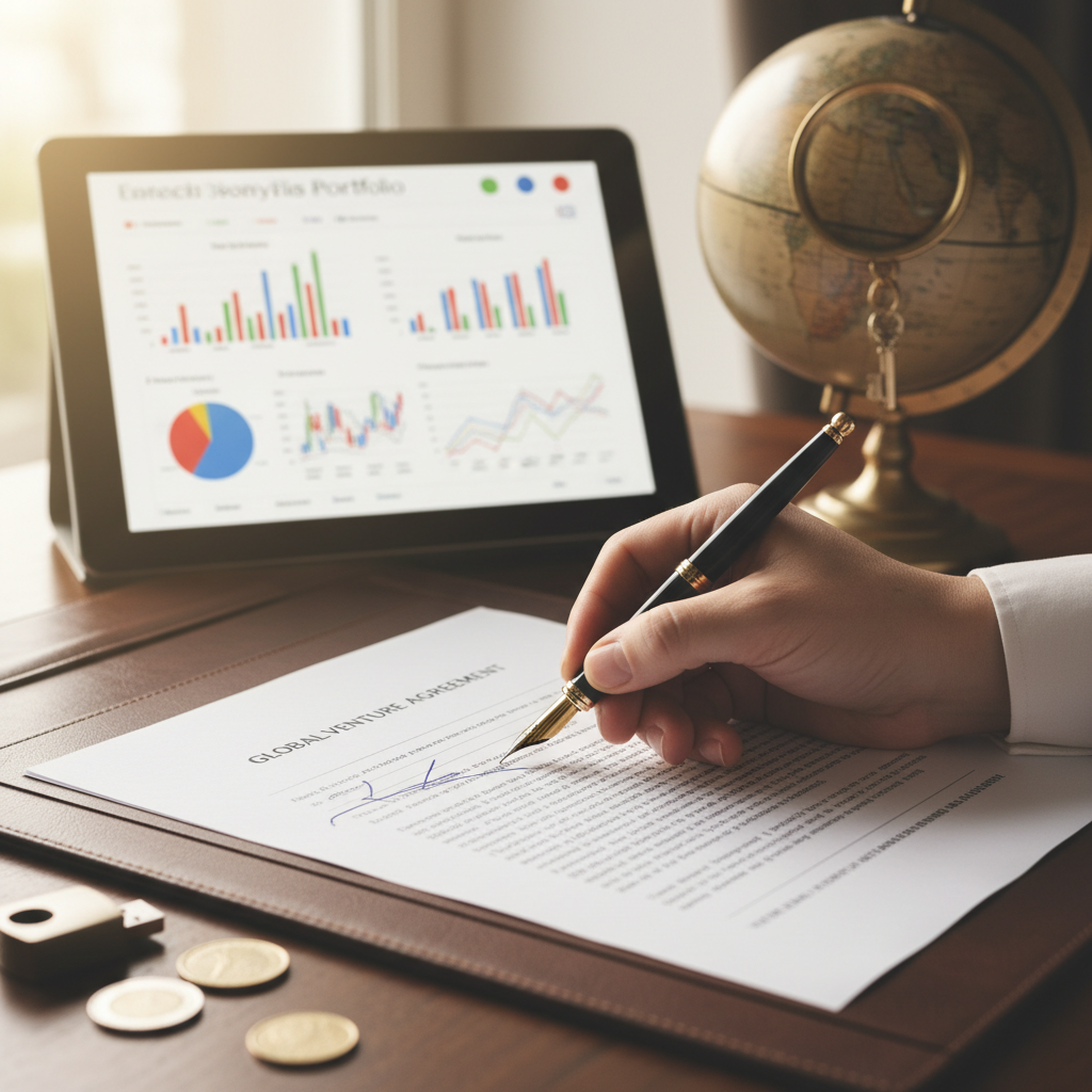A close-up of a hand signing a document with a fountain pen, with a blurred background showing a sophisticated financial portfolio on a tablet and a globe, symbolizing international investment and secure financial future for an expat entrepreneur, photorealistic.
