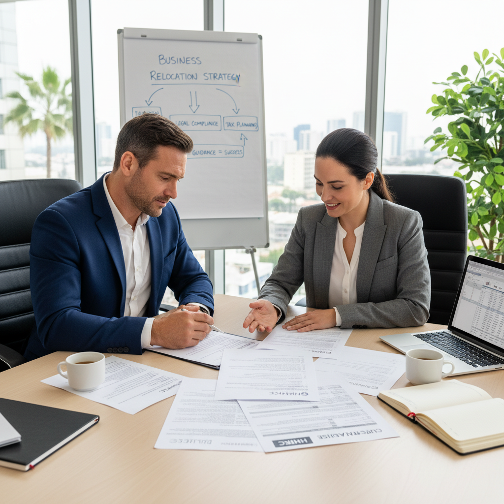A professional expat business owner reviewing legal documents and tax forms with a UK-based financial advisor in a modern, bright office, emphasizing the importance of expert guidance for business relocation.