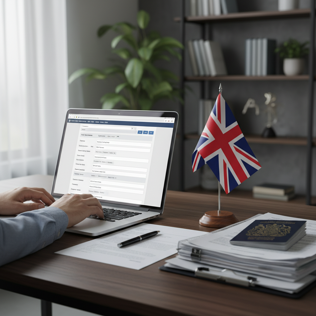 Close-up shot of hands filling out a UK visa application form on a laptop, with a professional-looking desktop setup including a UK flag desktop ornament, a passport, and legal documents neatly stacked. The light is soft and focused, emphasizing the detail of the application process. Photorealistic, high-resolution.