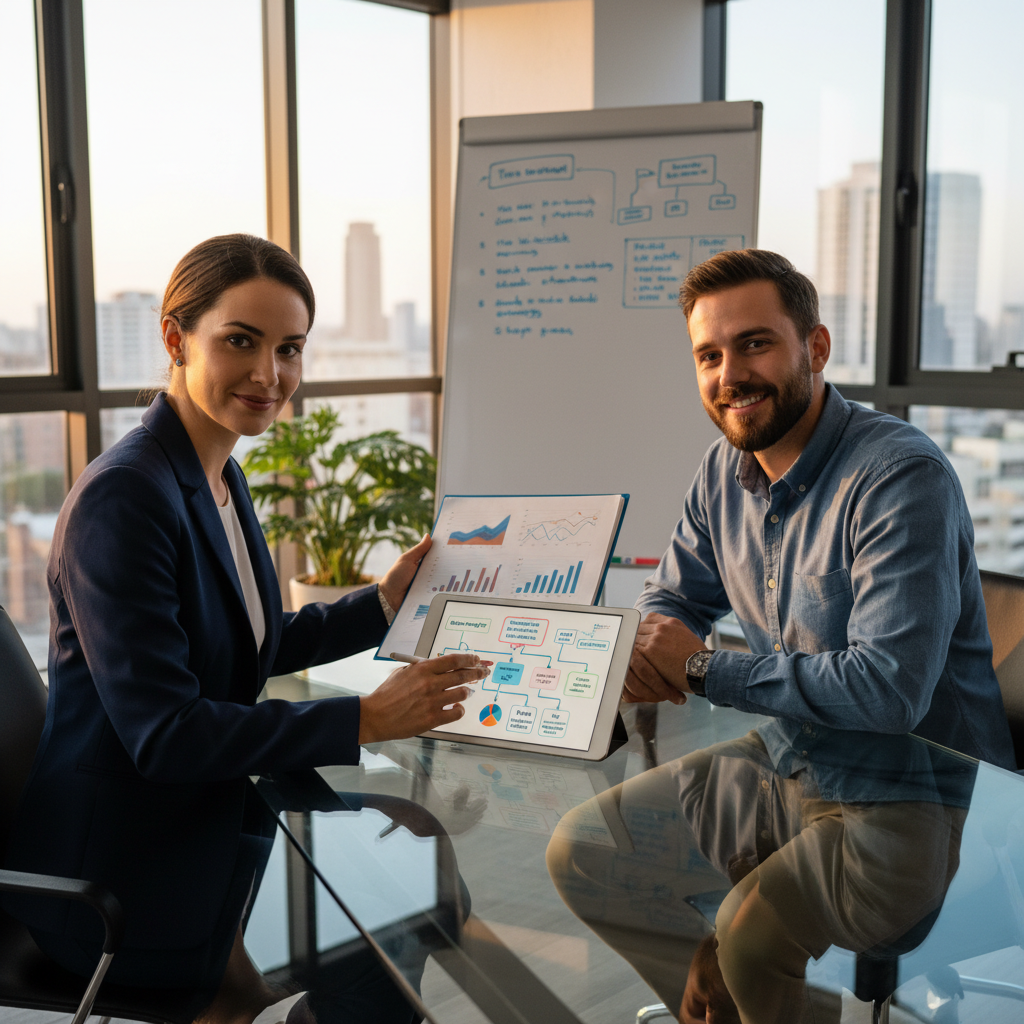 A professional tax advisor in a modern office, clearly explaining complex tax documents to an expat client using visual aids, demonstrating trust and clear communication. Photorealistic, soft lighting.