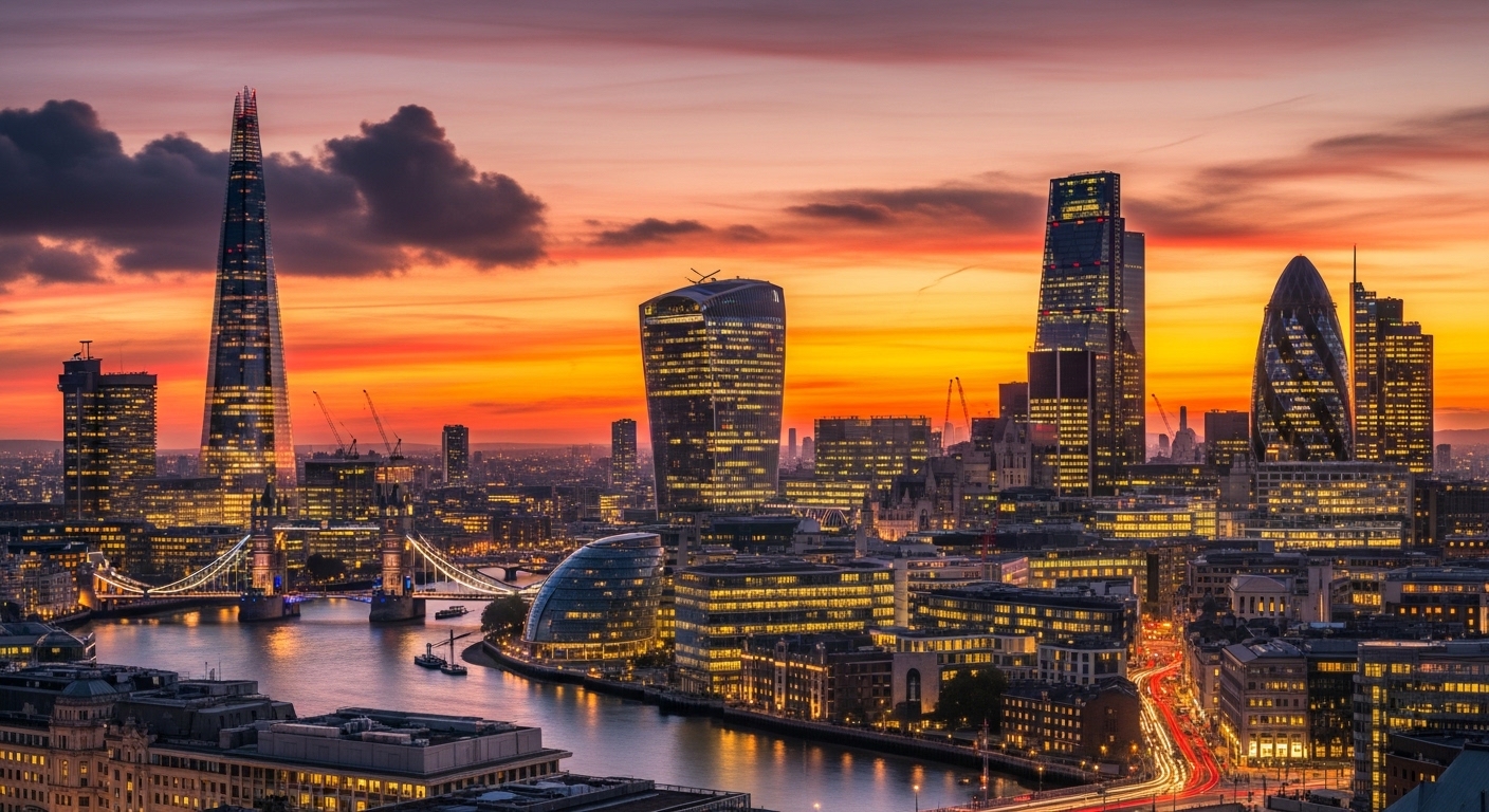 A vibrant, dynamic cityscape of London at sunset, with modern skyscrapers reflecting the warm light, symbolizing a thriving business hub and endless opportunities for foreign investors.