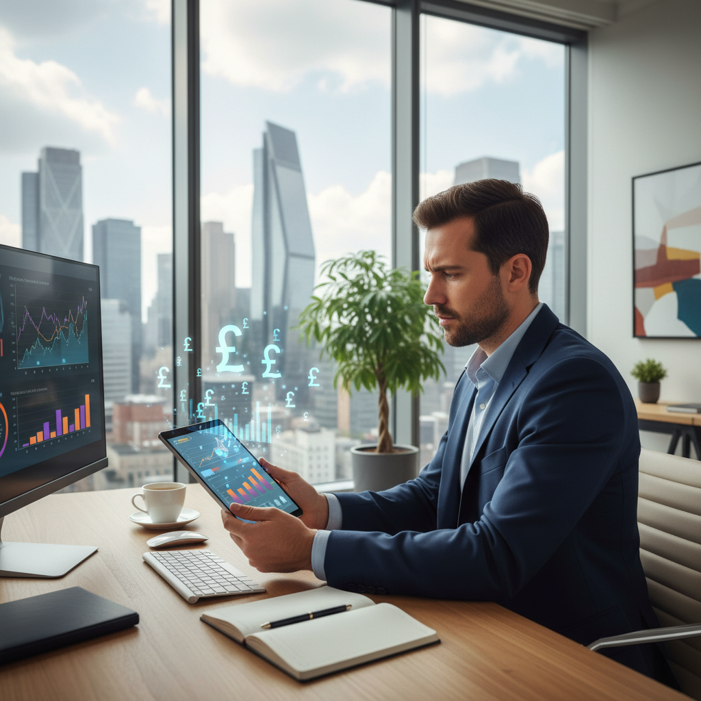 A professional expat entrepreneur looking thoughtfully at a digital financial report on a tablet, with UK pound currency symbols and graphs overlaid, in a modern office setting.